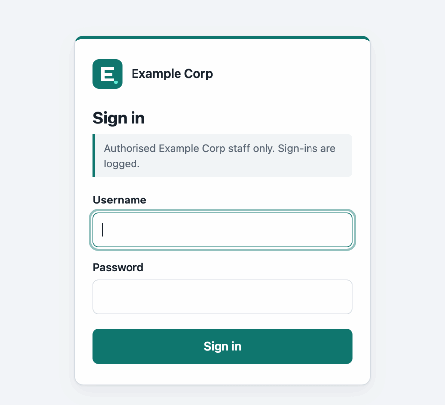 The sign-in page branded for Example Corp in teal, with a sign-in notice.
